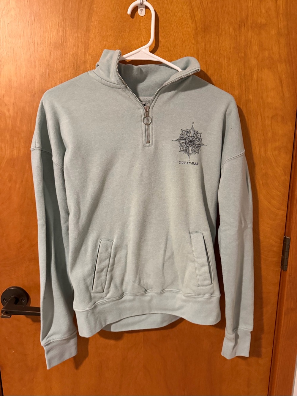 Women’s Light Blue Half-Zip Put-In-Bay Sweater with Compass Graphic